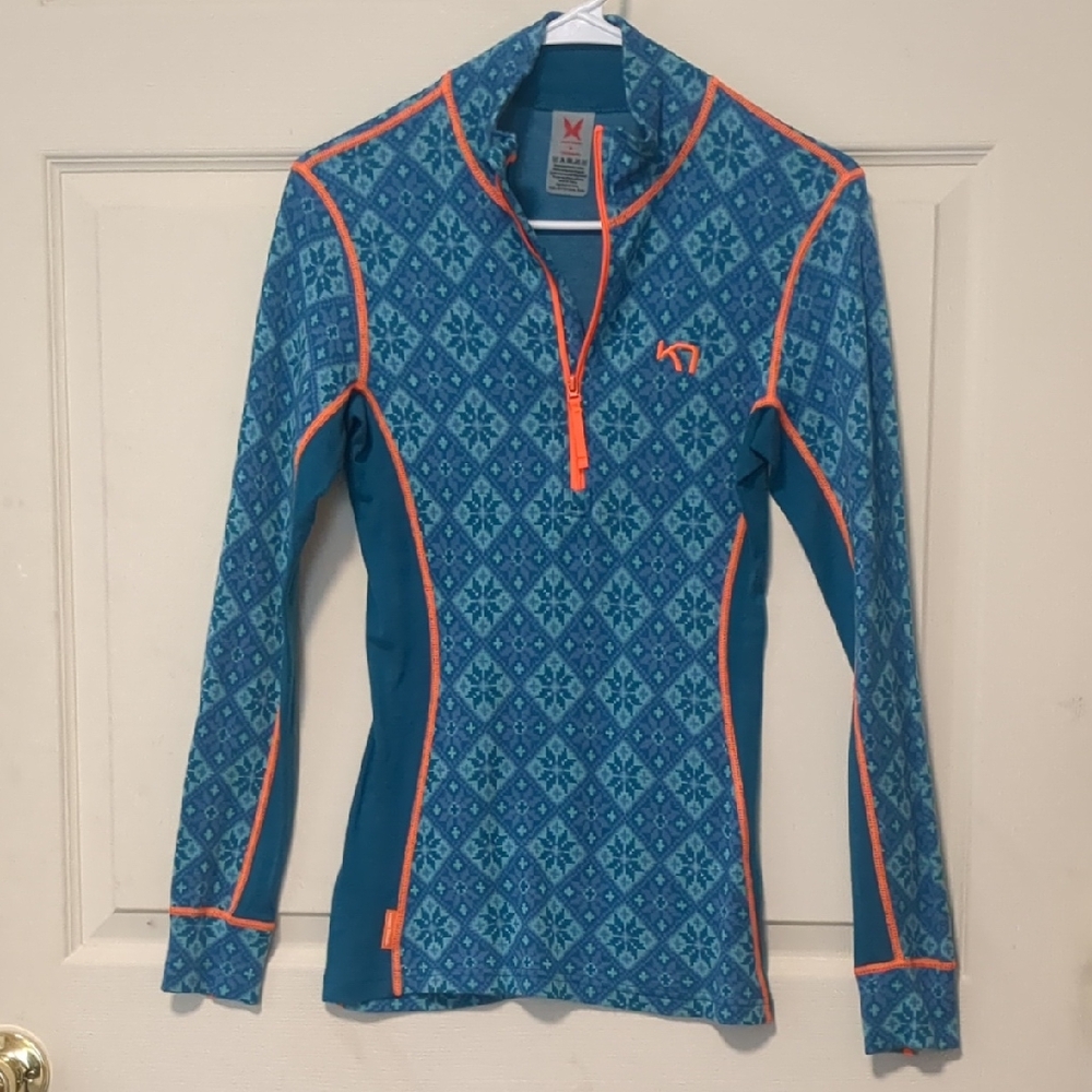 Kari Traa 100% Marino Wool Teal and Coral Geometric Long Sleeve Top